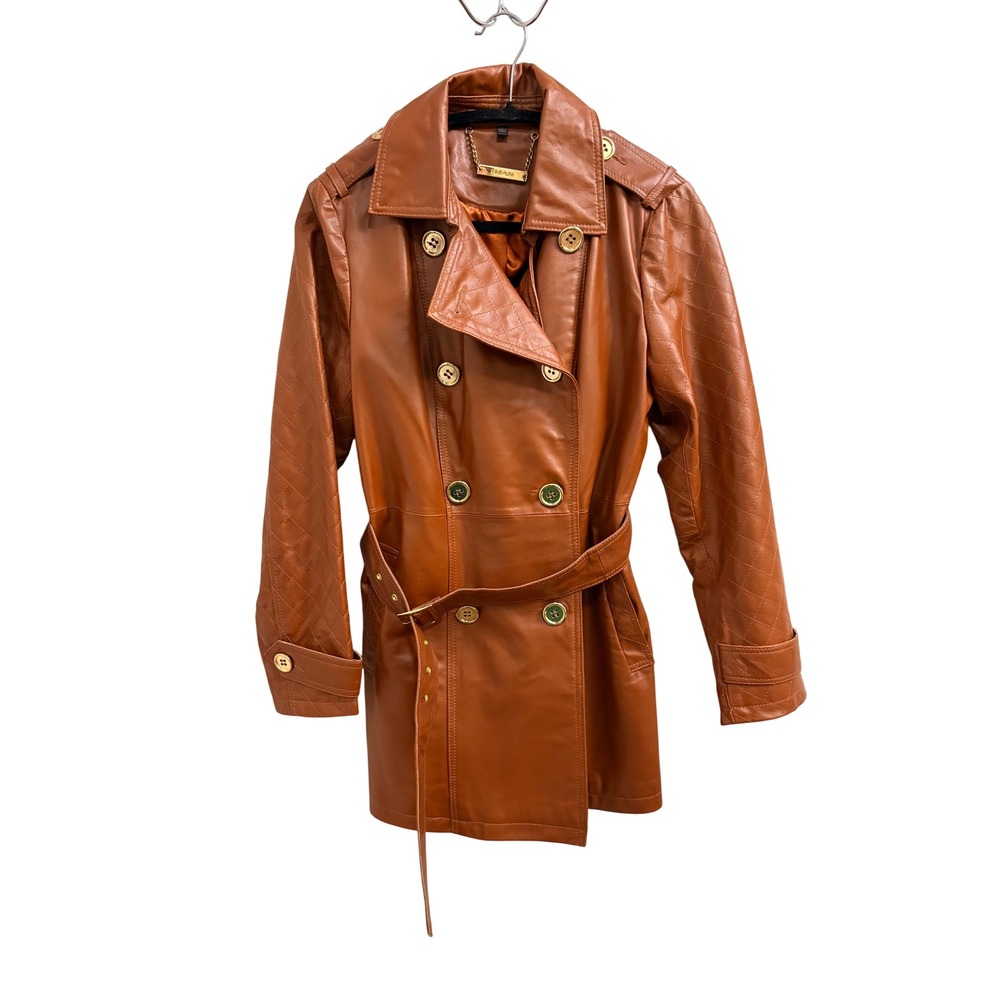 Trench Coat Quilted Iman Women Small‎ Cognac Good Faux Leather Double Breasted